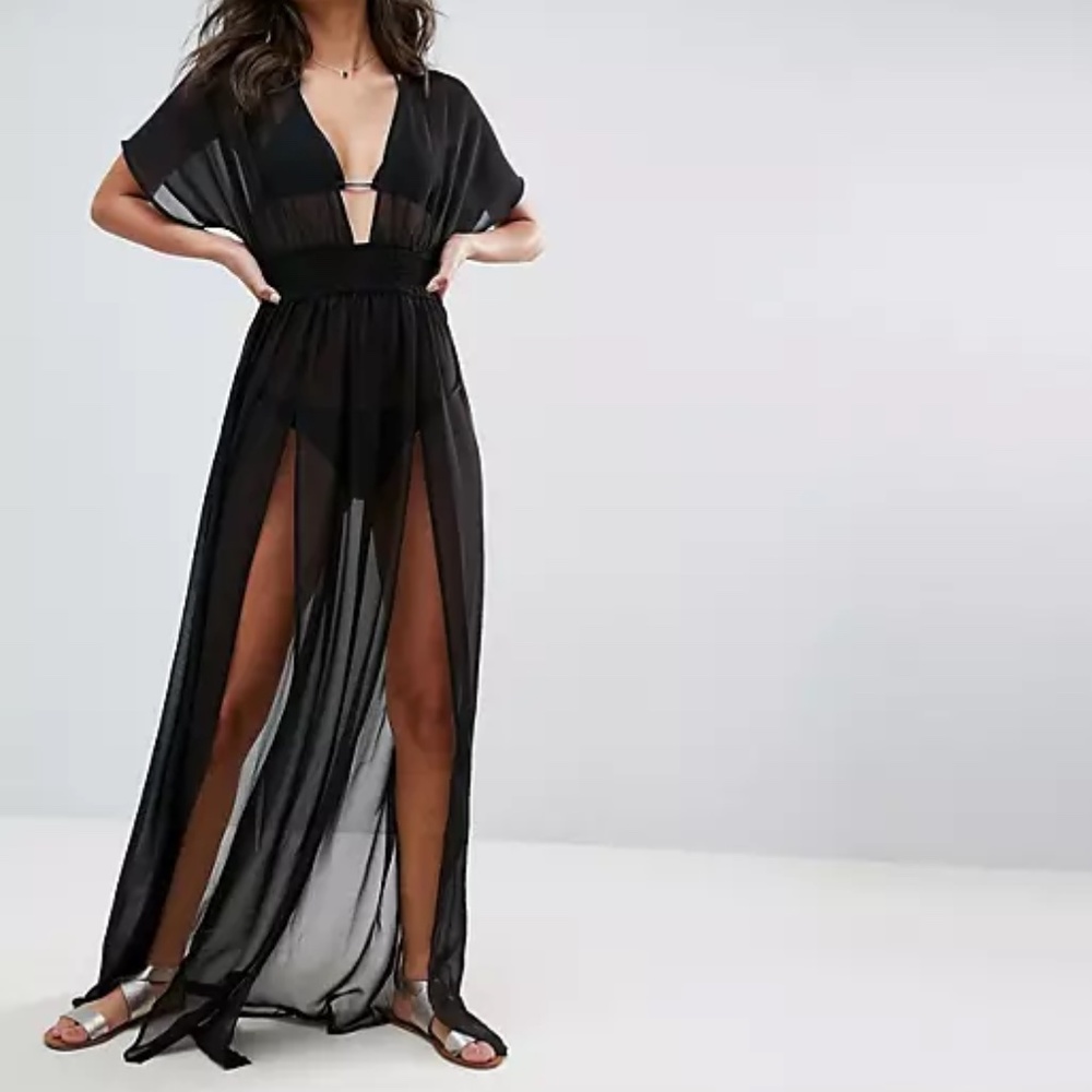 ASOS DESIGN Sheer Maxi Chiffon Beach Caftan with Front Splits in Black *NWOT*